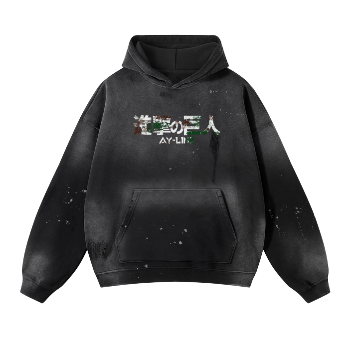Attack on Titan - Eren Jaeger Washed Frayed Effect Hoodie - AY Line Black / S